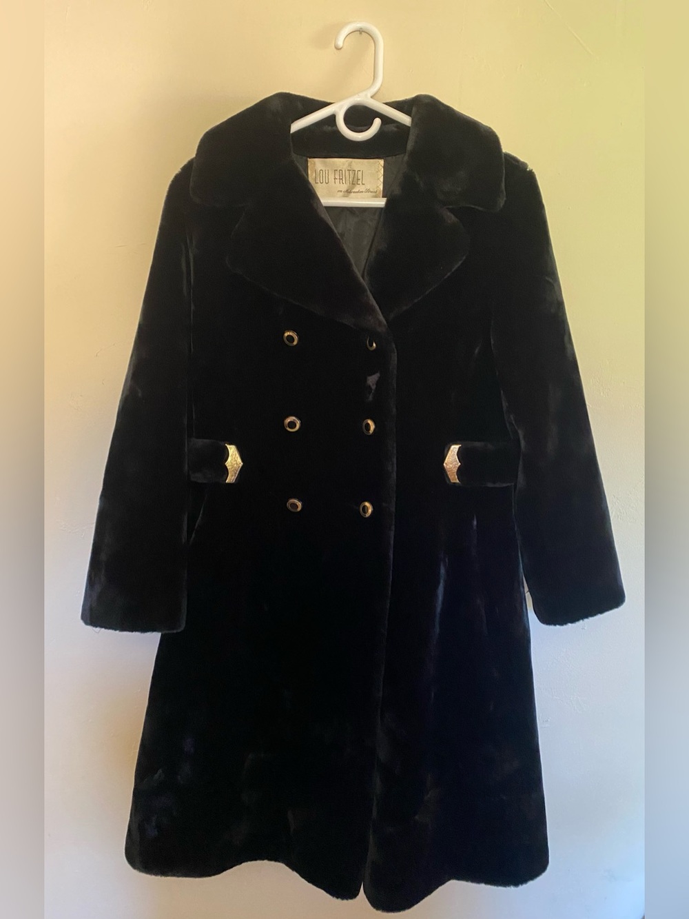 Vintage Lou Fritzel Black Plush Faux Fur Coat, Size M